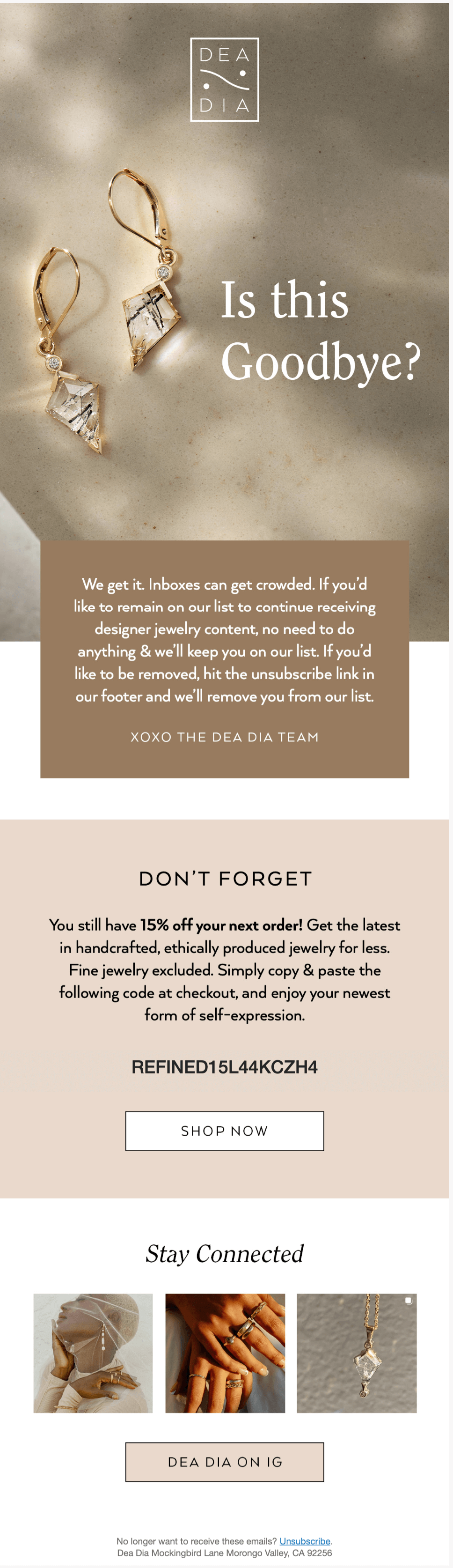 Image shows a sunset email from jewelry brand Dea-Dia, giving instructions on how to unsubscribe, and offering a 15% discount on the next order. 