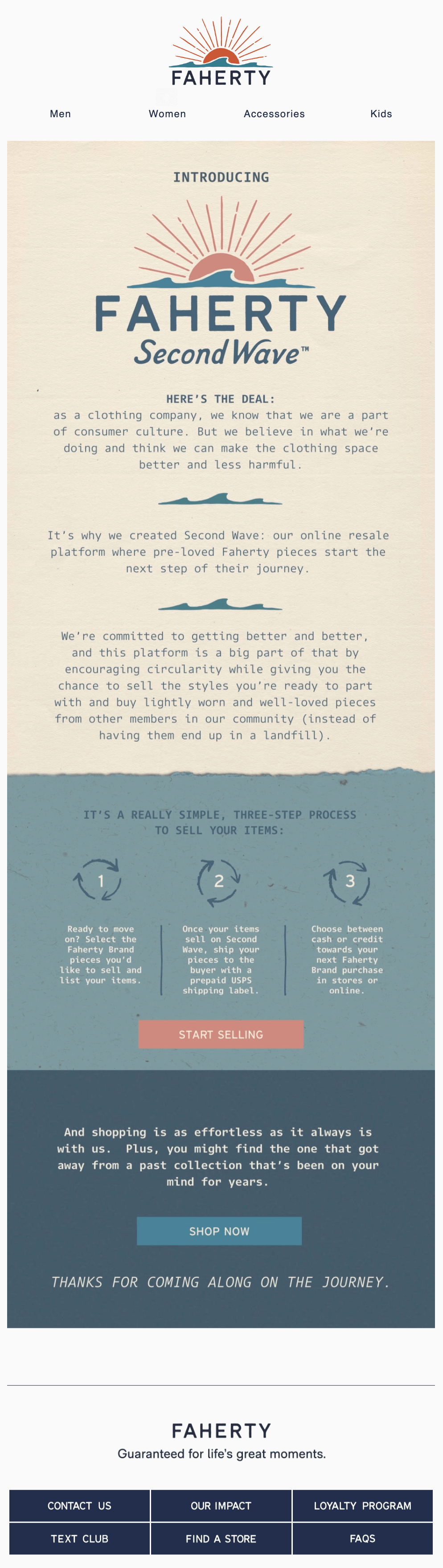 Faherty-digital-marketing-apps Image shows an email newsletter from Faherty announcing a program to sell your clothes.