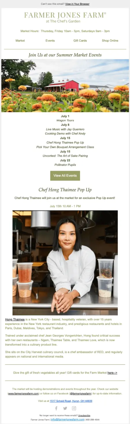 Image shows an email newsletter from Farmer Jones Farm, featuring a far-off shot of a farm through a field of wildflowers, a list of upcoming events with the CTA “View all events,” and a professional headshot and bio of Chef Hong Thaimee to promote her upcoming pop-up event.
