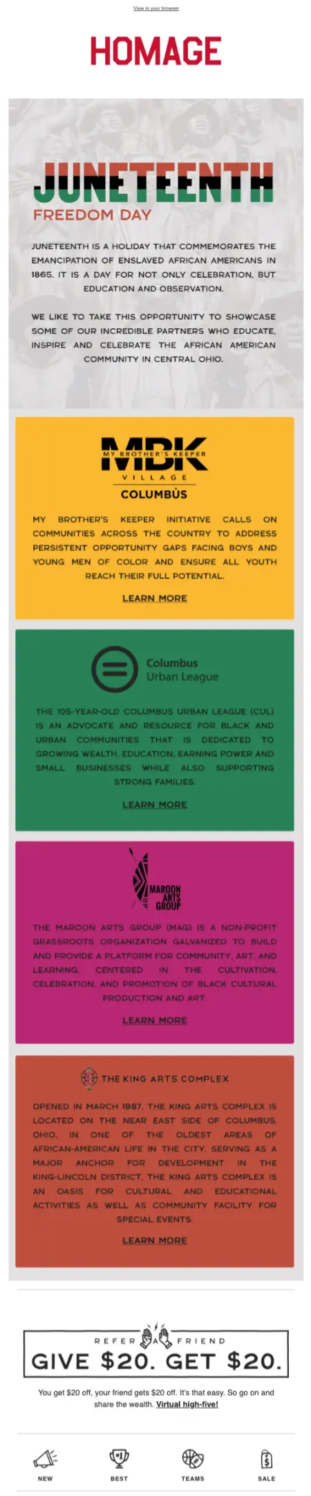 Image shows an email newsletter from apparel brand HOMAGE, educating readers on the history of Juneteenth and sharing information about local partners that support the African American community.