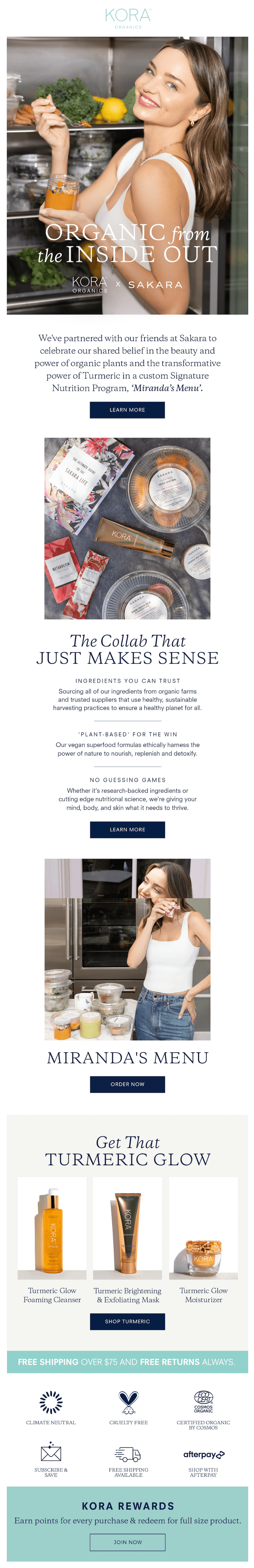KORA-X-Sakara-email-builder Image shows a newsletter from both Kora Organics and Sakara, announcing and explaining their collaboration.