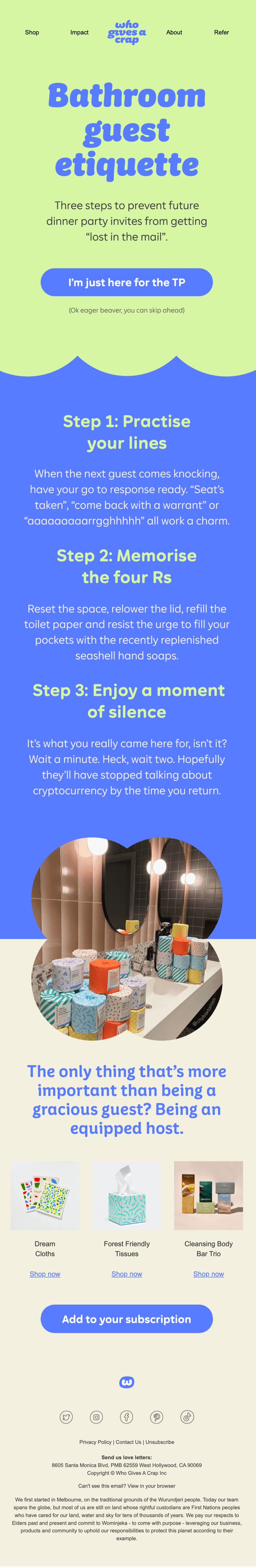 WGAC-best-email-newsletter Image shows an email newsletter from Who Gives A Crap, detailing the steps of bathroom guest etiquette.