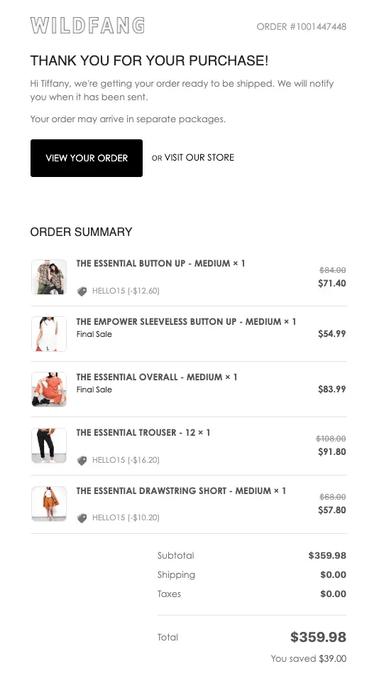 Image shows an order confirmation email from Wildfang, with a thank you, an itemized list of each product the customer purchased, and a savings total at the bottom.