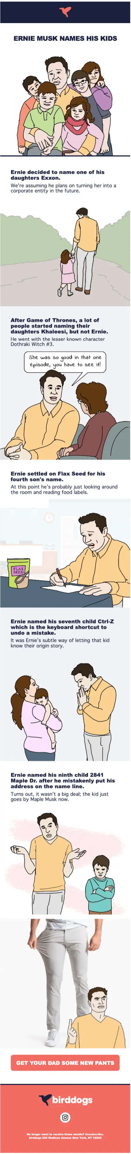 Image shows a Father’s Day email newsletter from menswear brand Birddogs, featuring a zany illustrated comic strip about Elon Musk’s fake brother Ernie and what he named his imaginary children. The CTA at the bottom of the email reads, “Get your dad some new pants.”