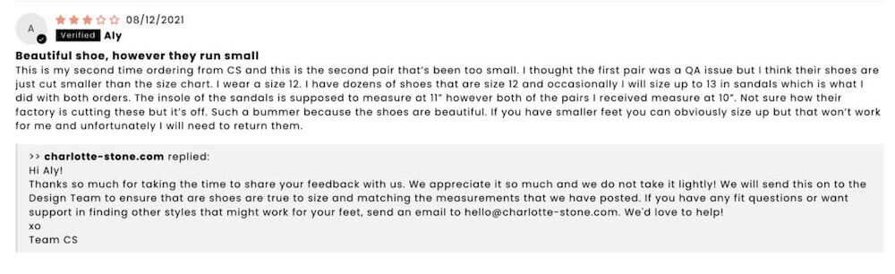 Image shows how Charlotte Stone Shoes engages with a negative customer review.