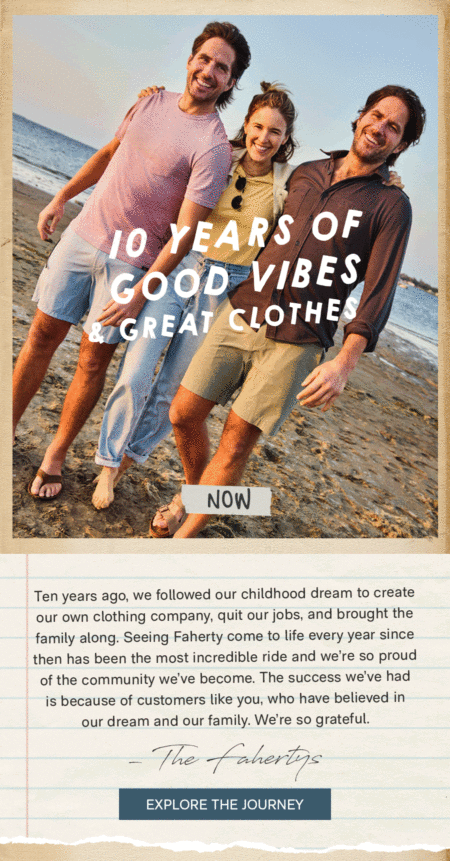 Image shows an email newsletter from clothing brand Faherty, featuring a family photo of the co-founders and a quick, heartfelt thank-you message for their 10-year anniversary. The CTA at the bottom of the email reads, “Explore the journey.”