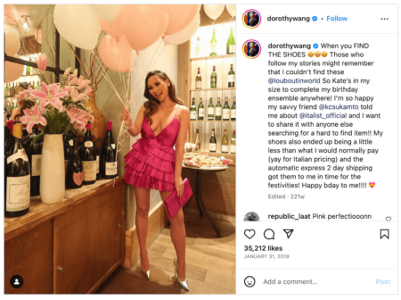 Image shows an organic UGC post from Dorothy Wang’s Instagram which thanks italist for helping her find a pair of shoes for her birthday.