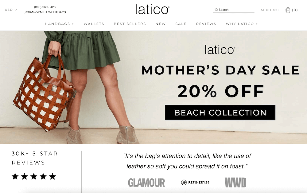 Image shows the homepage of Latico Leathers, which displays the number of 5-star reviews customers have left for their products alongside reviews from magazines like Glamour and Refinery29.