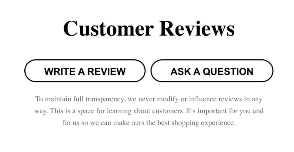 Image shows the “Write a review” and “Ask a question” buttons on Raen’s website.
