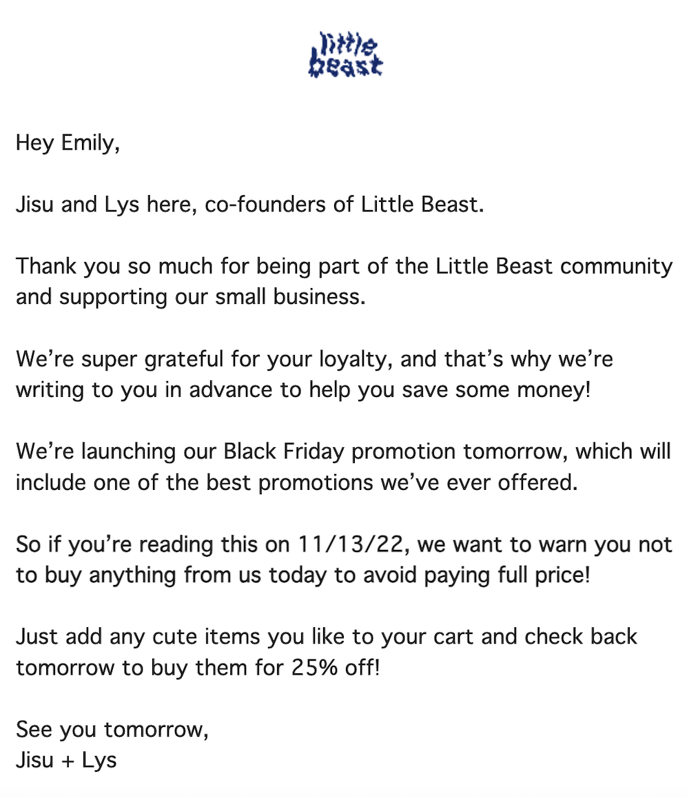 plain text email from little beast tell subscribers to wait to shop until tomorrow