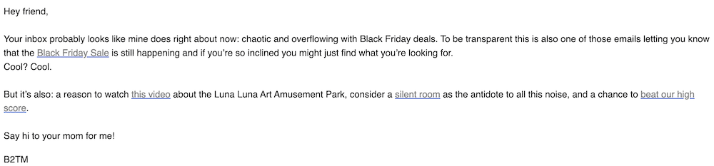 plain text email from baboon to the moon including links to additional content beyond sales