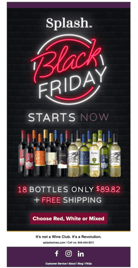 bottles of wine below a neon sign for spash wines bfcm email campaign
