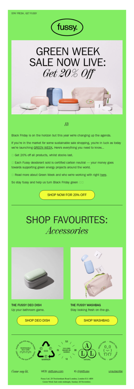 bfcm email from fussy with green backgound, yellow buttons, and product images