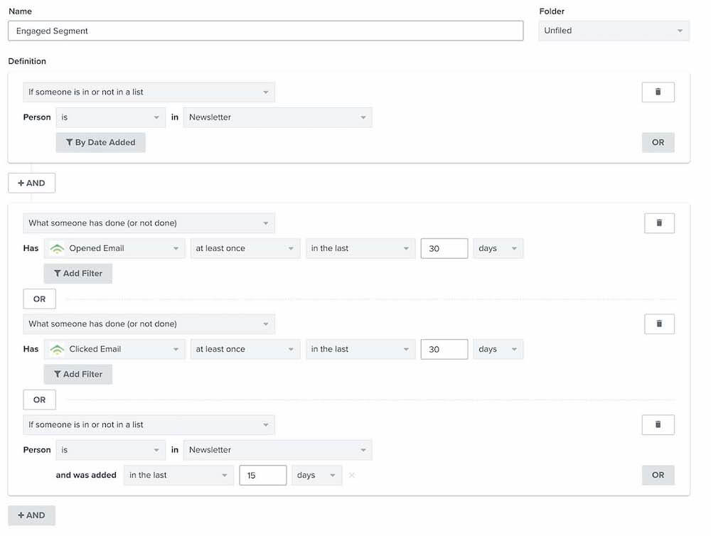 Image shows the parameters for creating an engaged audience segment in the back end of Klaviyo: has opened an email at least once in the last 30 days, or has clicked on an email at least once in the last 30 days.
