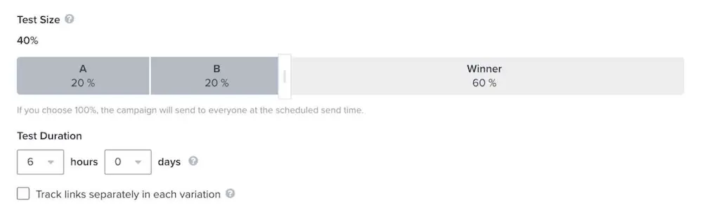 Image shows an A/B test in the back end of Klaviyo, with 20% of subscribers receiving Version A and 20% receiving Version B, and the winning version going out to the remaining 60% of recipients. The test is set for a 6-hour duration.