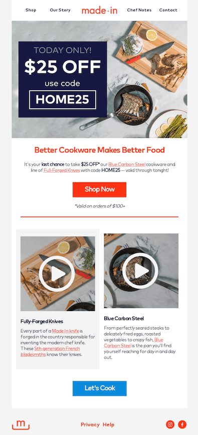 Image shows an email blast from Made In Cookware, which uses how-to videos to promote its fully forged knives and blue carbon steel pan.
