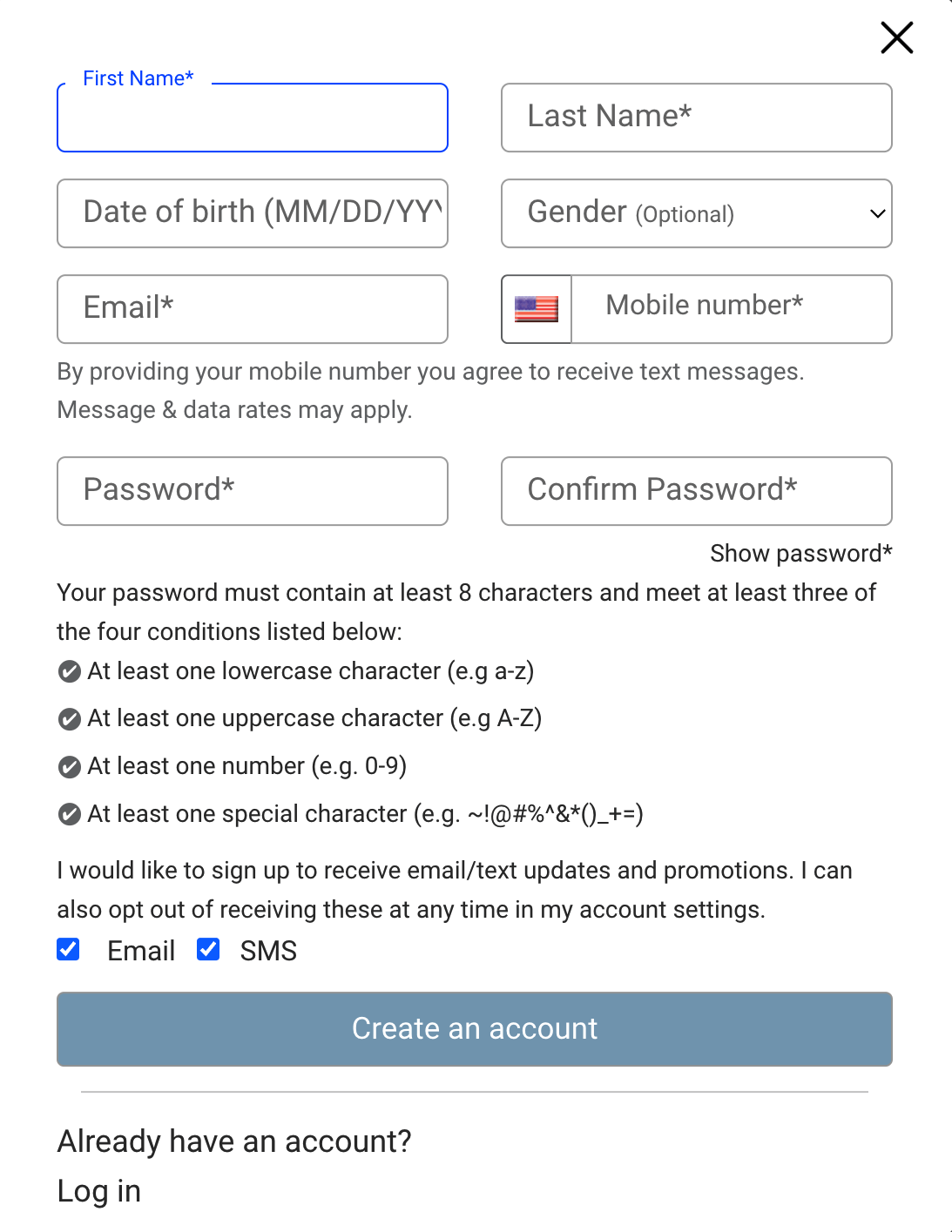 Image shows the account creation screen on OVME’s website, prompting the customer to enter their first and last name, date of birth, gender (optional), email address, mobile number, and password. The screen also has two checkboxes the customer can select or de-select in order to sign up for email and SMS marketing, or opt out of them. The gray-blue CTA button at the bottom of the screen reads “Create an account."