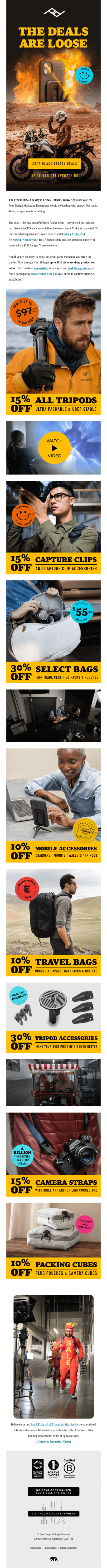 peak design email with images of people doing various activities
