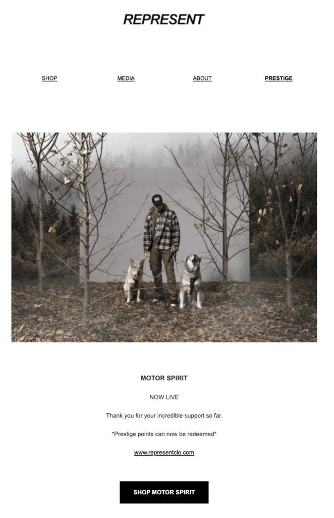 bfcm email from represent with a man standing between two dogs