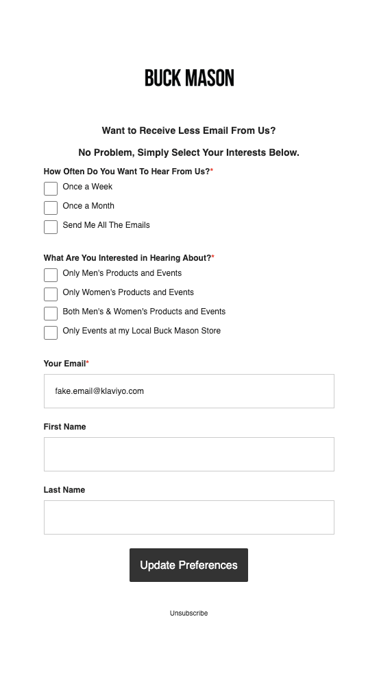 Buck-Mason-isp-spammers Image shows a screen from Buck Mason that allows subscribers to say how often they want to hear from the brand, and to choose what they’re interested in hearing about.