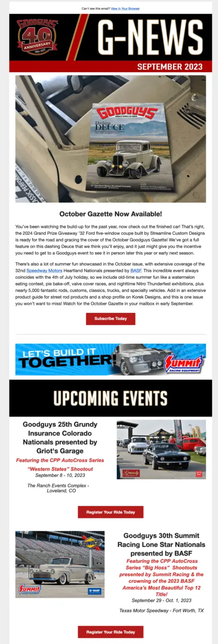 Image shows an email newsletter from Goodguys with tons of varying content, including 7 separate CTAs.