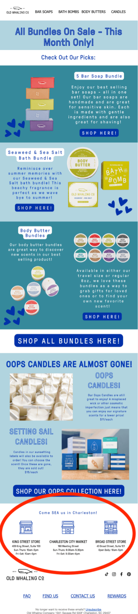 OWC-automated-campaigns Image shows a marketing email from Old Whaling Company that invites the subscriber to visit the physical stores. It includes addresses.