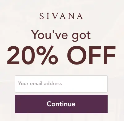 Image shows a form from Sivana offering 20% off if a user enters their email address.