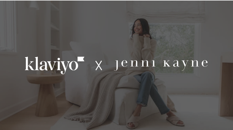 Klaviyo and Jenni Kyne logos over woman sitting on chair with a throw and a side table