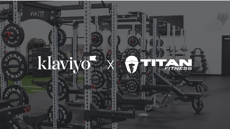 Klaviyo and Titan Fitness logos over a row of weight lifting equipment