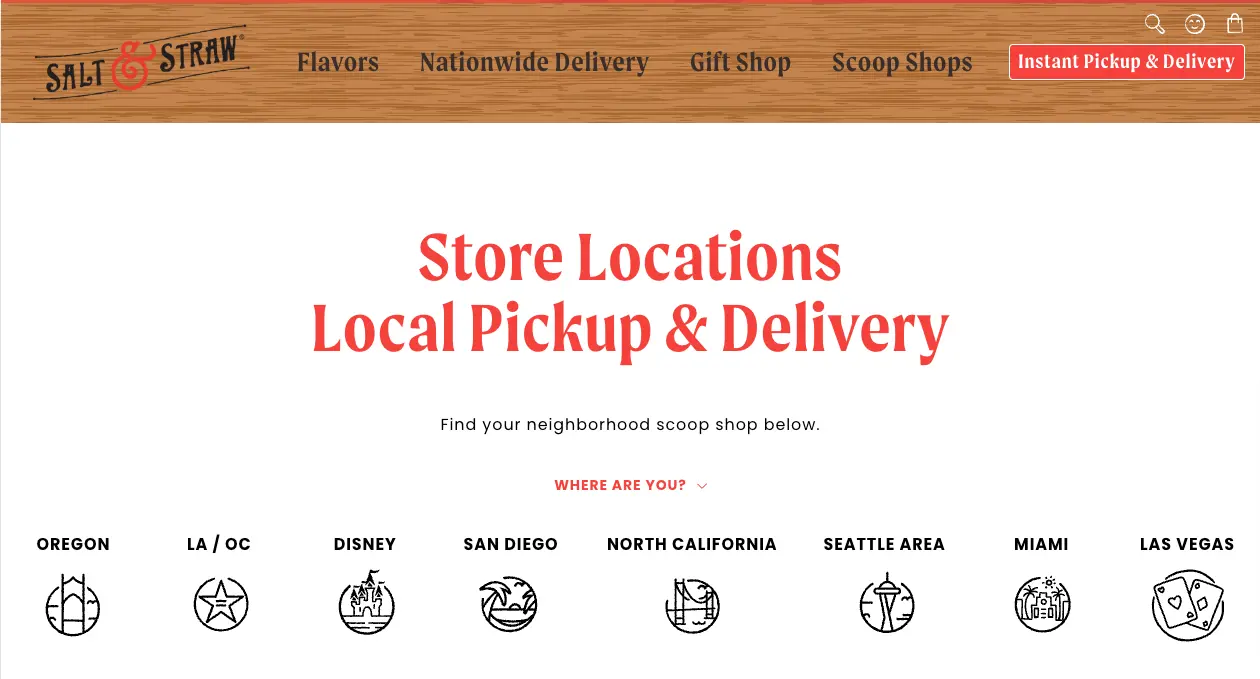 Image shows a footer on Salt & Straw’s page that asks the user to click on the city closes to them.