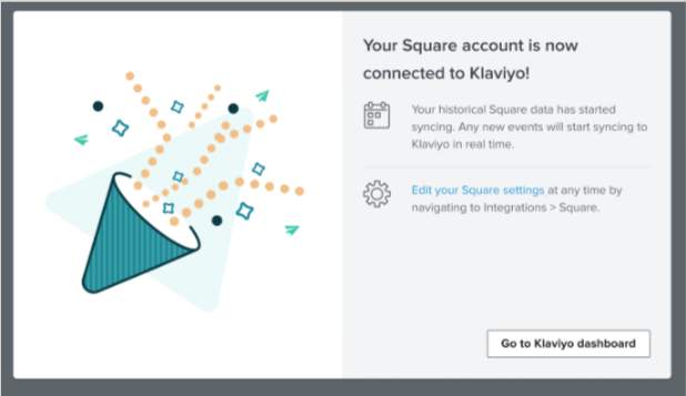 You’re-now-connected Image shows a screen indicating that the user has successfully connected their Square and Klaviyo accounts.