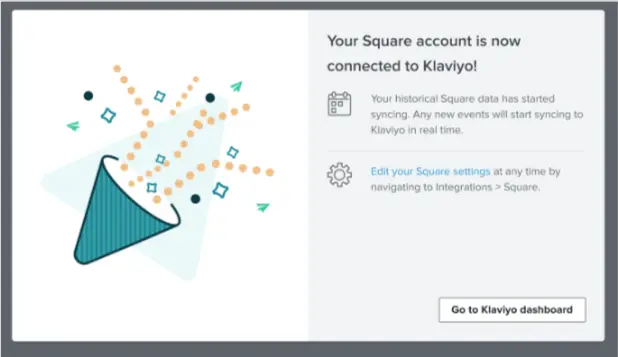 Image shows a screen indicating that the user has successfully connected their Square and Klaviyo accounts.