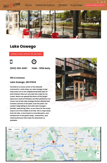 Image shows the next page on Salt & Straw’s page which offers images of the physical store, the phone number, hours of operation, and an embedded Google map.