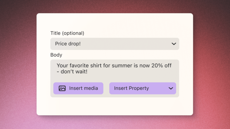 snippet of the drag-and-drop editor to build a push notification with title body copy, and the ability to insert media and properties