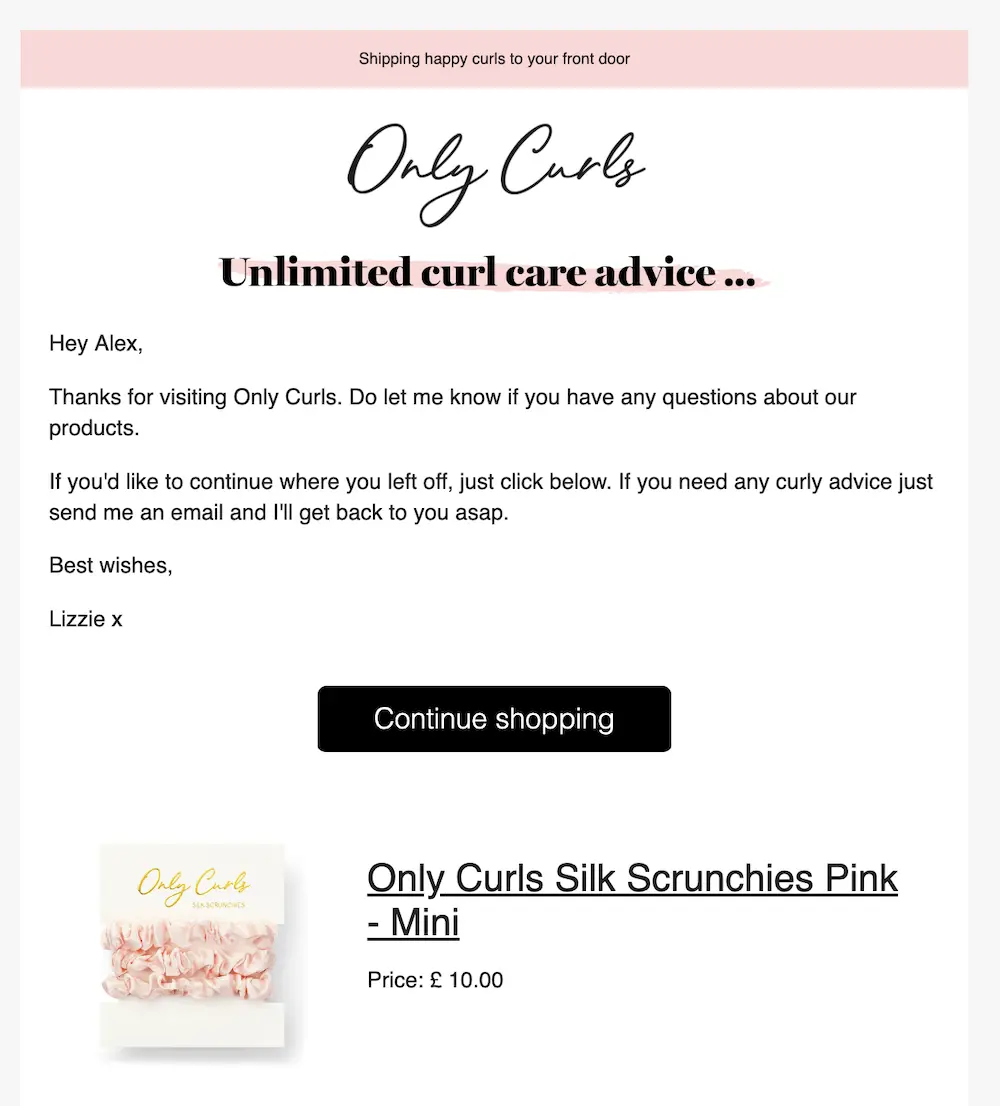 only curls abandoned cart email