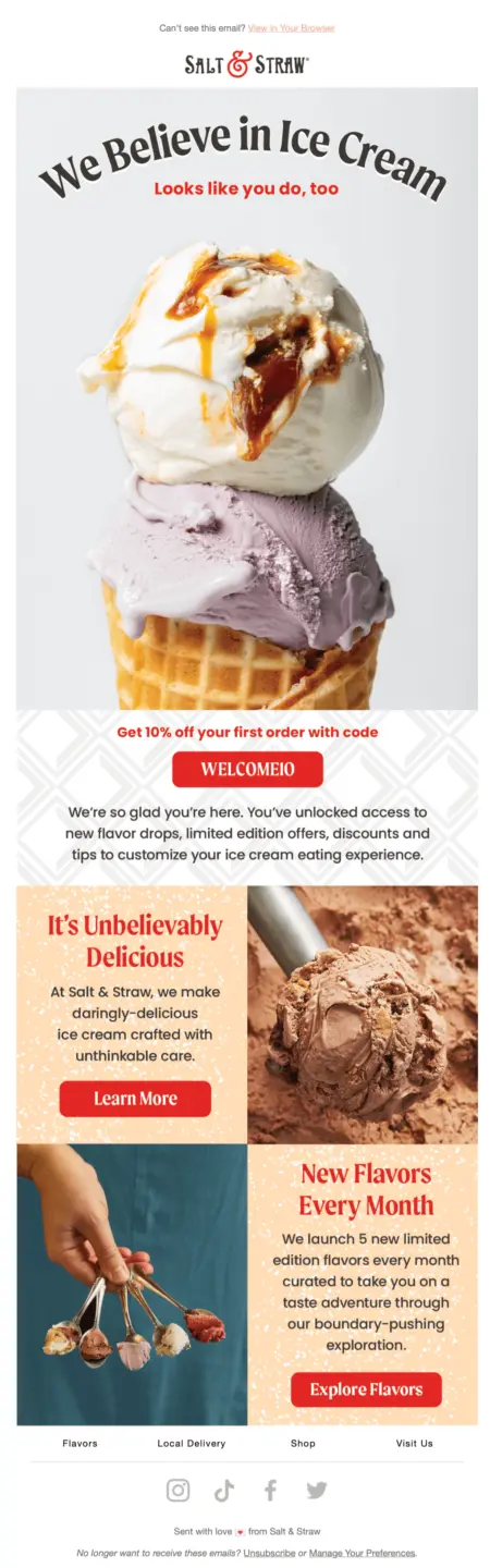 Image shows a marketing campaign from ice cream brand Salt & Straw highlight a few different flavors.