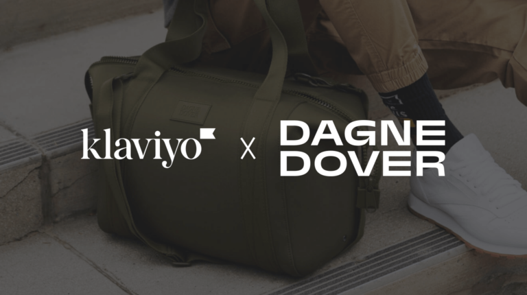 Klaviyo and Dagne Dover logos over image of someone's feet next to a bag