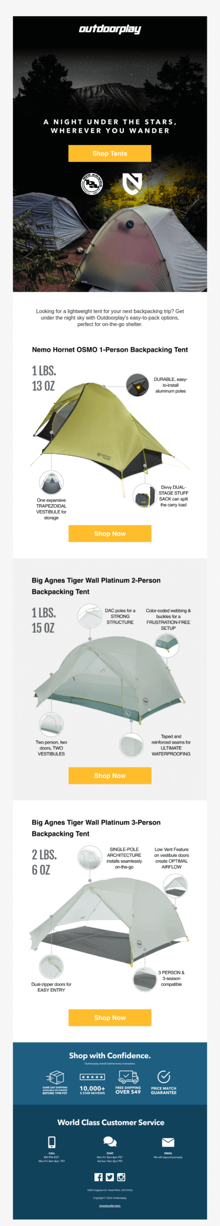 email with descriptions and pictures of their tents