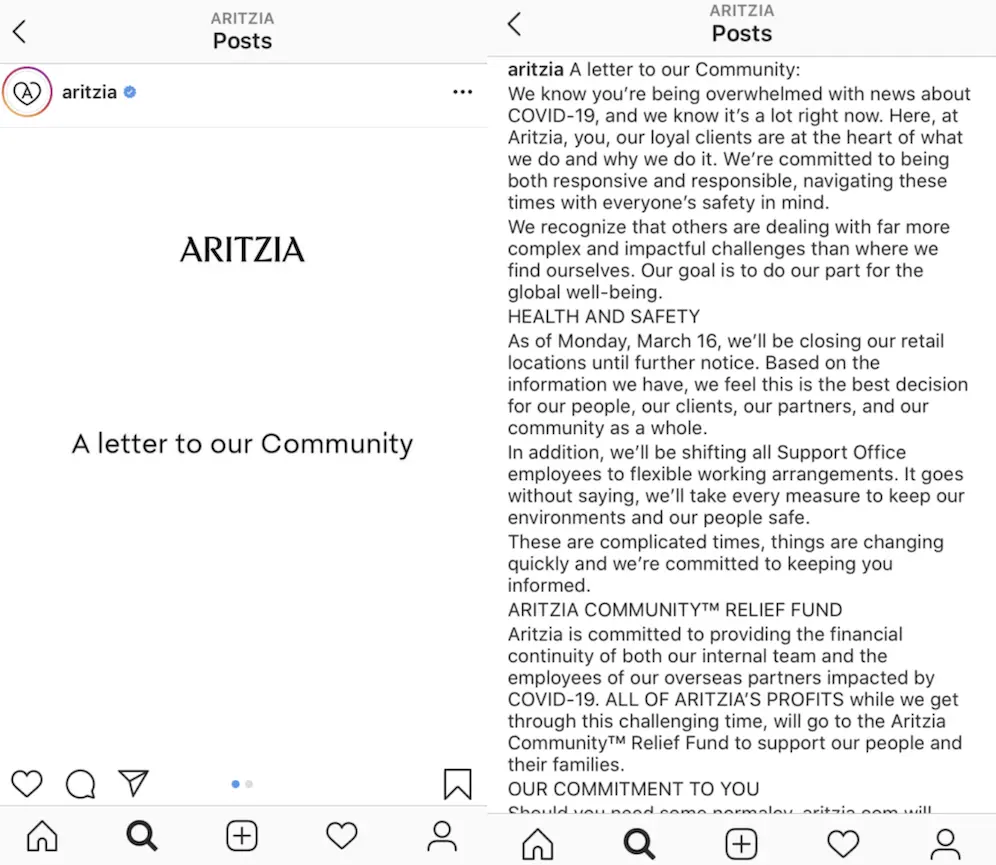 Aritzia's Instagram shares "A letter to our Community" outlining their empathy statement and information around health and safety.