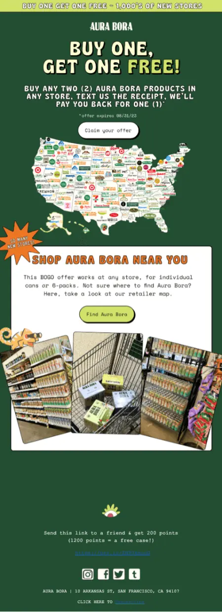 Image shows a marketing email from Aura Bora that offers BOGO free if shoppers buy their products in store.