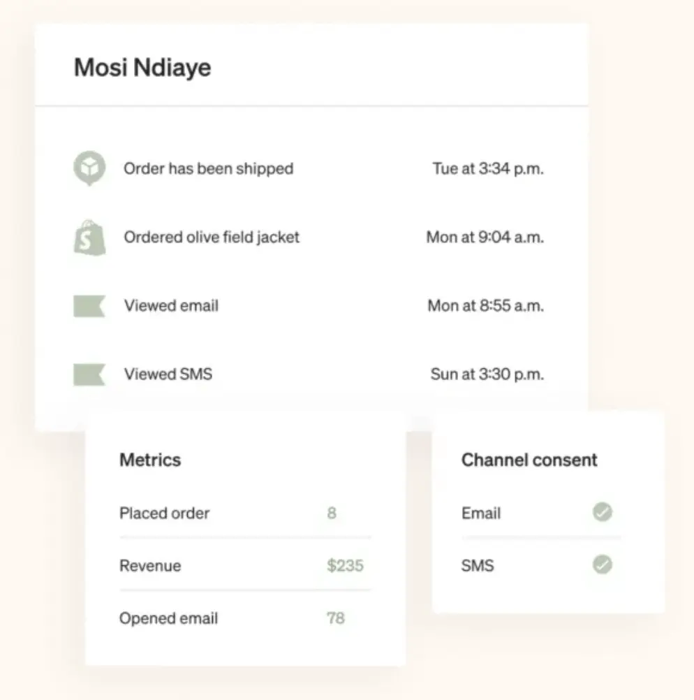 Image shows an example of a customer profile in the back end of Klaviyo. It features the customer’s name, recent purchase and browsing activity, metrics like placed order and total revenue, and channel consent for email and SMS.