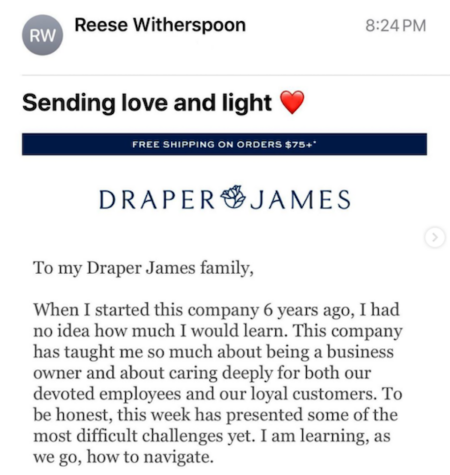 Email from Reese Witherspoon on behalf of Draper James featuring a note addressing the pandemic and introducing a new apparel collection.