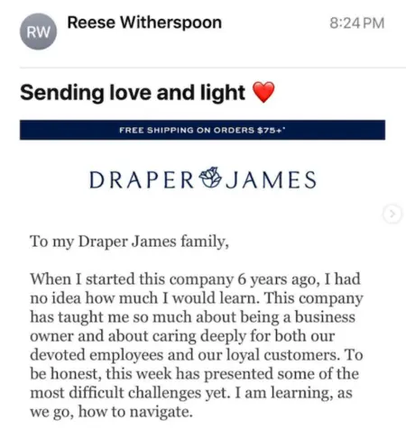Email from Reese Witherspoon on behalf of Draper James featuring a note addressing the pandemic and introducing a new apparel collection.