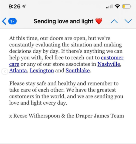 Email from Reese Witherspoon on behalf of Draper James featuring a note addressing the pandemic and introducing a new apparel collection.