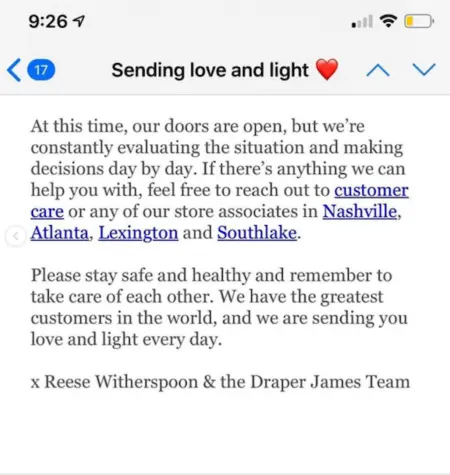 Email from Reese Witherspoon on behalf of Draper James featuring a note addressing the pandemic and introducing a new apparel collection.