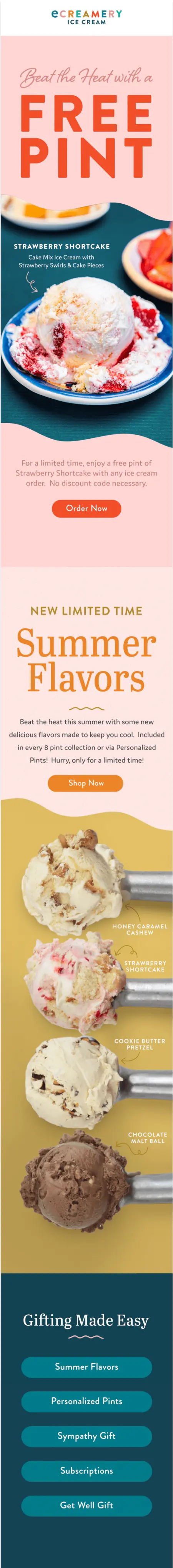 Image shows a marketing email, potentially a first email, from ecreamery that features a special offer, shows seasonal products, and includes an easy-to-navigate menu.