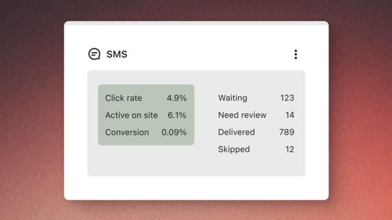 A product illustration displays SMS metrics that appear directly in the flow builder.