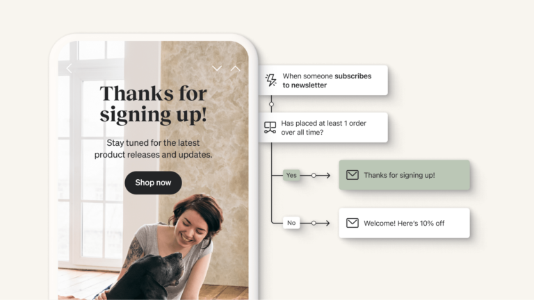 A product illustration shows a welcome series flow triggered by new subscribers. Beside it, a phone screen displays an email that reads "Thanks for signing up!"