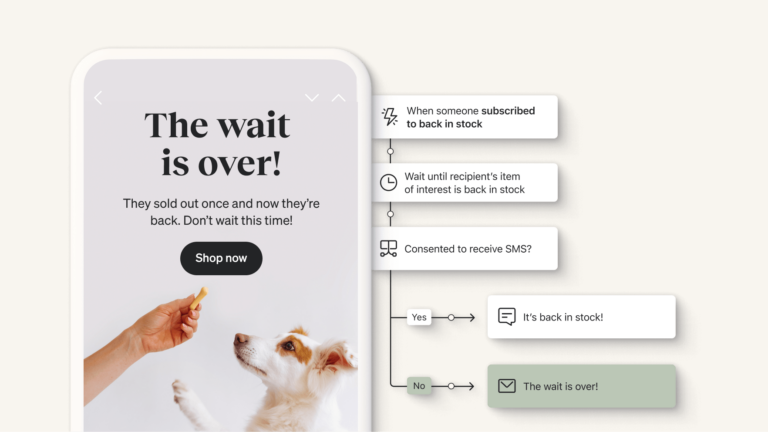 An illustration displays a flow triggered by someone subscribing to notified when an item is back in stock. The illustration overlaps with a phone, which displays an email with the headline "The wait is over!" The email encourages the recipient to shop now before the item it out of stock again.