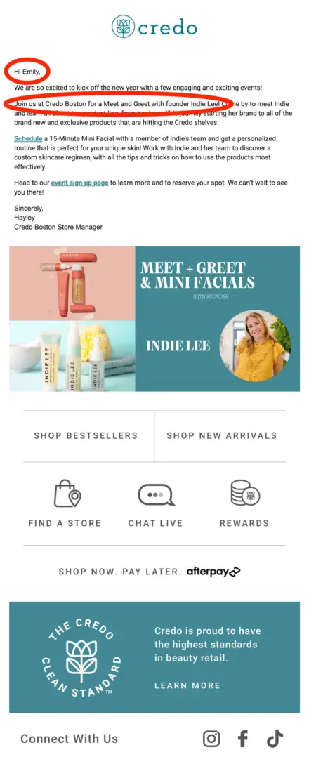 Image shows a marketing email from Credo that is personalized according to location and previous shopping behavior, a tactic known to increase click and clickthrough rates.